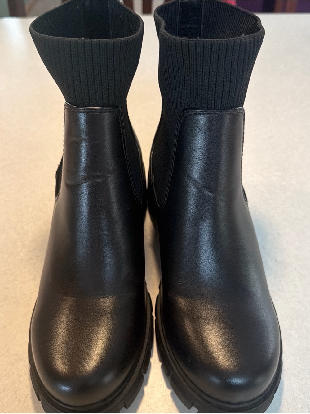 Womens’s Black Leather Chelsea Boots with Ribbed Sock Collar